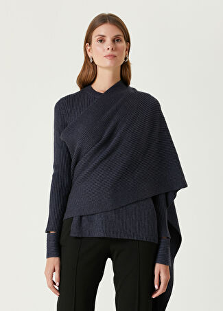 Helmut Lang Kadın Lacivert Drapeli Merino Kazak Xs