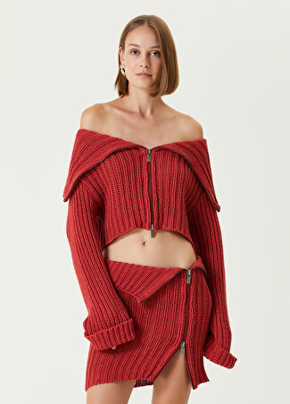 Pcfg Kadın Your *itch Omzu Açık Uzun Kollu Triko Crop Kazak Kırmızı Xs -1