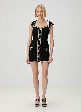 Balmain Kadın Siyah Mini Tweed Kokteyl Elbise 38 Fr