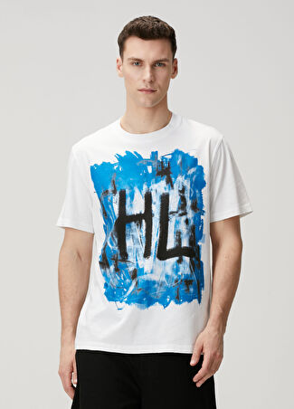 Helmut Lang Erkek Mavi Beyaz Logo Baskılı T-Shirt S
