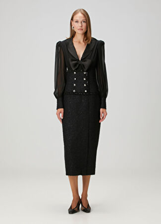 Alessandra Rich Kadın Siyah Midi Tweed Kokteyl Elbise 38 It