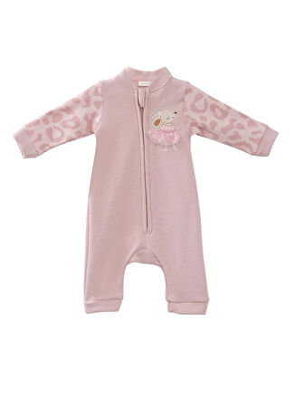 Mininio Kız Bebek Pembe Tavşan Nakışlı Kolları Garnili Tulum 12-18 Ay -1