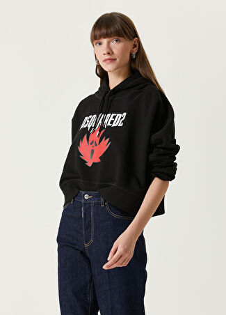 Dsquared2 Kadın Siyah Kapüşonlu Logo Baskılı Sweatshirt S