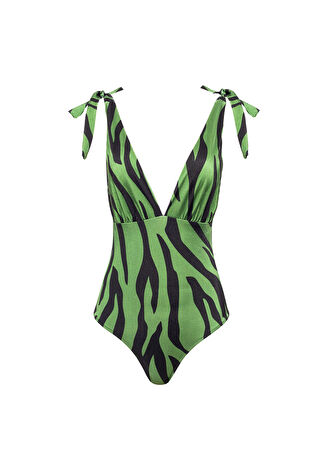 Lyn Swimwear Kadın İris Yeşil Siyah Saten Bitişli Omuzdan Bağlamalı Zebra Desenli Mayo M -1