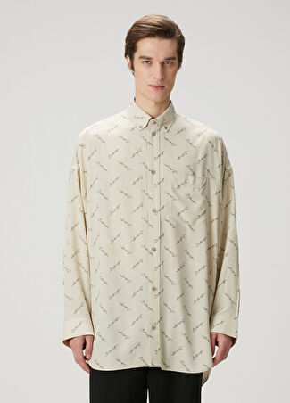 Balenciaga Erkek Bej Siyah Logo Desenli Gömlek M
