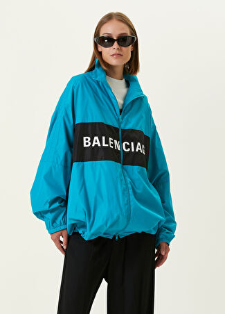 Balenciaga Kadın Oversize Dik Yaka Logo Baskılı Ceket Mavi M