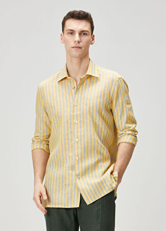 Kiton Erkek Sarı Gri Çizgi Desenli Keten Gömlek 40 It