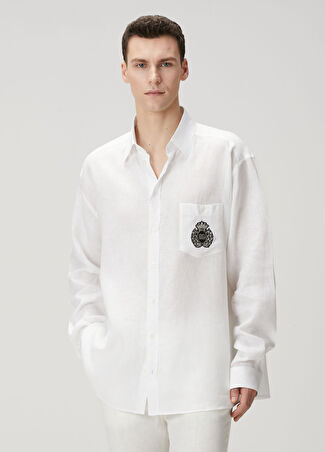 Dolce&gabbana Erkek Beyaz Logo Patchli Keten Gömlek 42 It