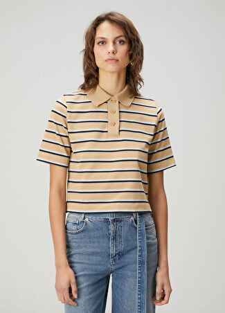 Academia Kadın Bej Çizgili Polo T-Shirt Xs
