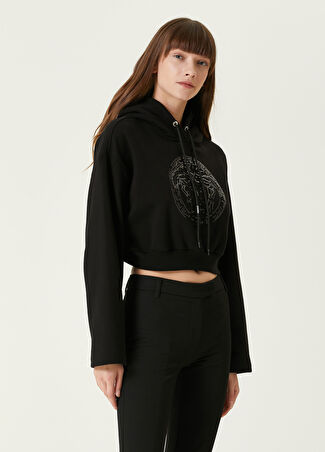 Versace Kadın Siyah Kapüşonlu Logolu Crop Sweatshirt 40 It