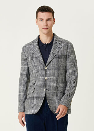 Brunello Cucinelli Erkek Mavi Ekose Desenli Ceket 52 It
