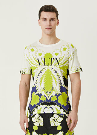 Valentino Erkek Siyah Çiçek Desenli Logolu T-Shirt Xs