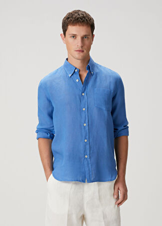 120% Lino Erkek Indigo Keten Gömlek Mavi Xxl