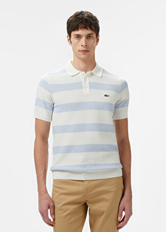 Lacoste Erkek Çizgili Gömlek Yaka Kısa Kollu Triko Kazak Mavi S -1