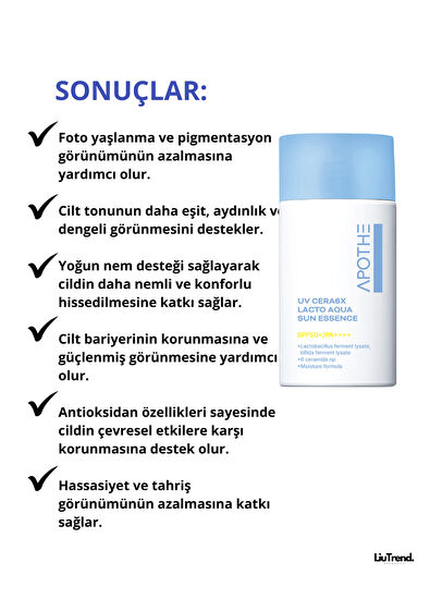 Apothe UV Cera6x Lacto Aqua Sun Essence SPF50+/PA+++ Nemlendirici Güneş Kremi Özü 50 ml - 4