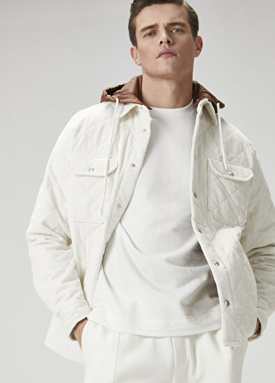 Beymen Club Kırık Beyaz Kapüşonlu Kapitoneli Kadife Dış Gömlek - 5