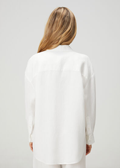 Beymen Club Kırık Beyaz Logolu Oversize Keten Gömlek - 4