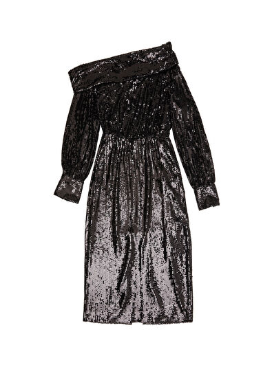 Beymen Collection Siyah Tek Omuzlu İşlemeli Midi Kokteyl Elbise - 7