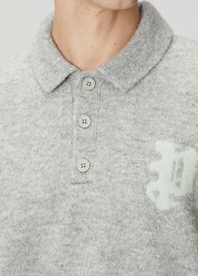 Purple Brand Açık Gri Polo Yaka Logo Jakarlı Yün Kazak - 5