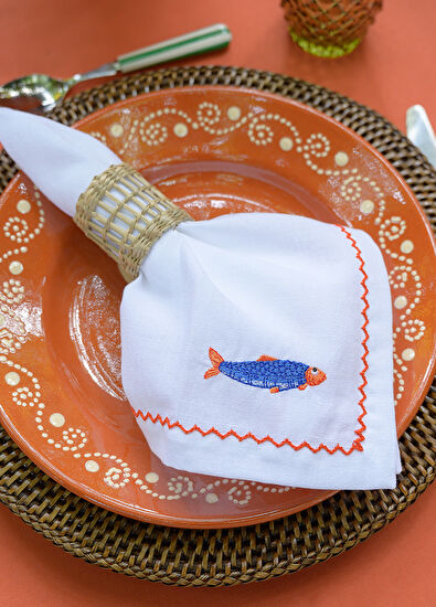 Mariaida Home Blue Sardine Embroidered White Linen Serving Napkin - 4
