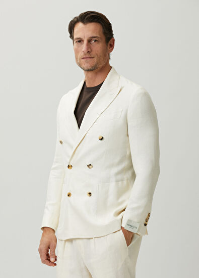 LUIGI BORRELLI Stone Double-Breasted Linen Jacket - 3