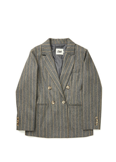 Beymen Club Grey Beige Notch Lapel Striped Double-Breasted Wool Blazer - 7