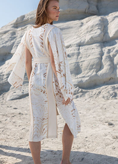 Women&Women Dokuma Keten Özel Baskı Desenli Ekru Beyaz Kimono - 4
