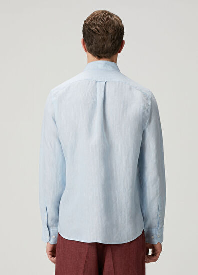 Beymen Club Comfort Fit Blue Dashed Striped Linen Shirt - 5