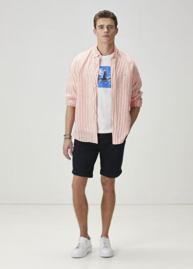 Beymen Club Comfort Fit Turuncu Çizgi Desenli Keten Gömlek - 3