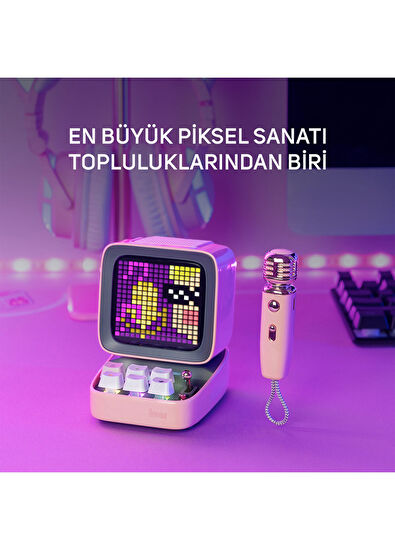 Divoom Ditoo-5M Pembe Kablosuz Uyarlanabilir Piksel Ekranlı Taşınabilir Karaoke Mikrofonlu Bluetooth Hoparlör - 5