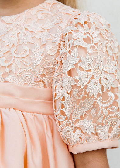 Lullmom Salmon Lace Detailed Short Sleeve Girl's Taffeta Dress - 5