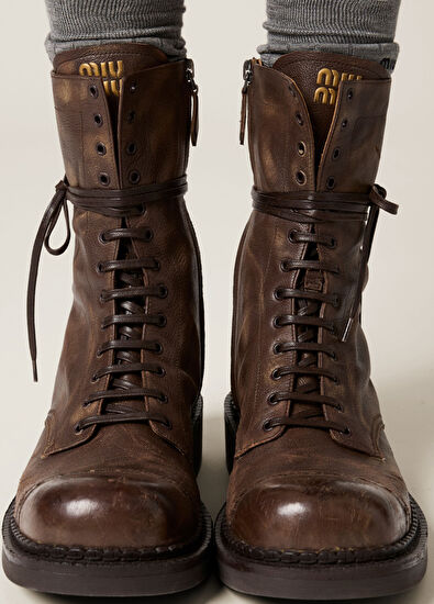 Miu Miu Bağcıklı Kahverengi Kadın Deri Bot - 5