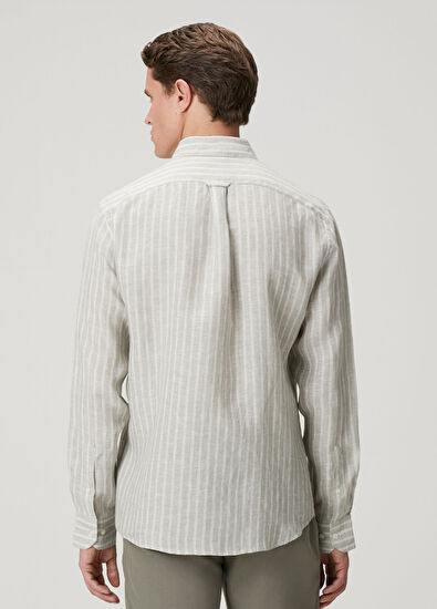 Beymen Club Comfort Fit Green Line Patterned Linen Shirt - 5