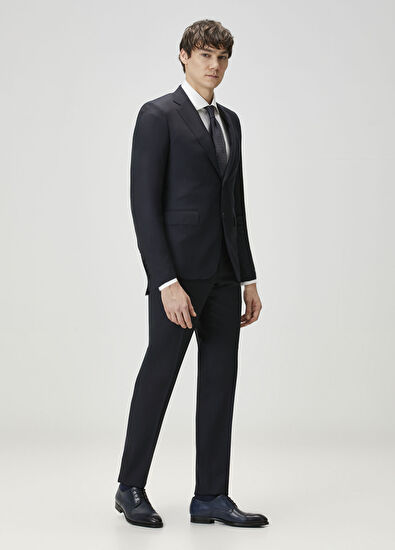 Lacivert Çizgi Desenli Yün Takım Elbise - Görsel 5