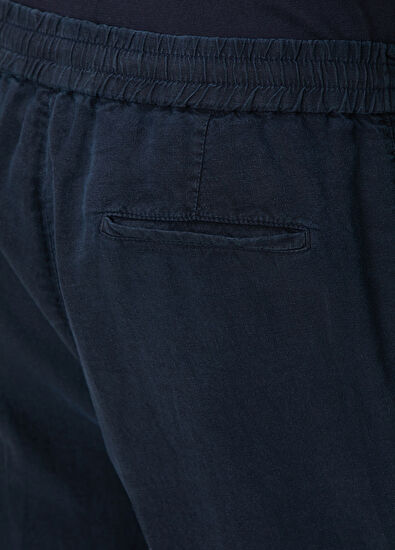 Brunello Cucinelli Lacivert Beli Kordonlu Çift Pilili Keten Pantolon - 5