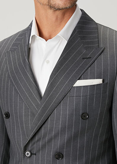 Drop 7 Gri Çizgi Desenli Yün Kruvaze Takım Elbise - Görsel 8