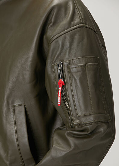 Dsquared2 Haki Deri Bomber Ceket - 6