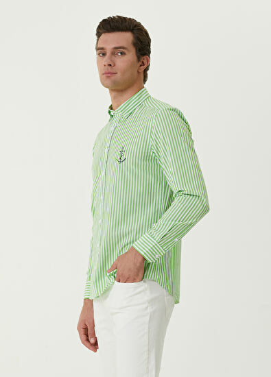Beymen Club Slim Fit Yeşil Çizgi Desenli Çapa Nakışlı Gömlek - 3