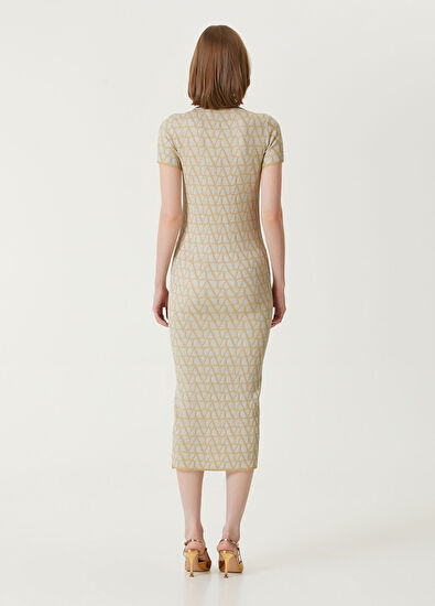 Valentino Bej Geometrik Logo Desenli Midi Elbise - 5