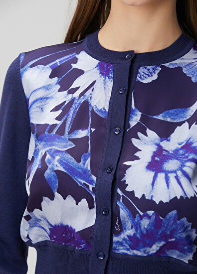 Erdem Mavi Çiçekli Yün Hırka - 5