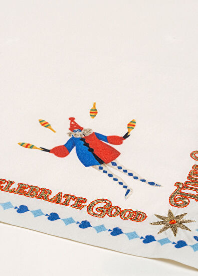 Zsa Zsa Zsu Nilüfer Digital Printed Embroidered Ecru Blue Cotton 2-Piece Napkin Set - 6