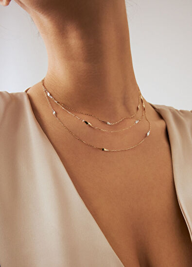 Üç Zincir Burma 14 Ayar Kadın Altın Kolye - Görsel 6