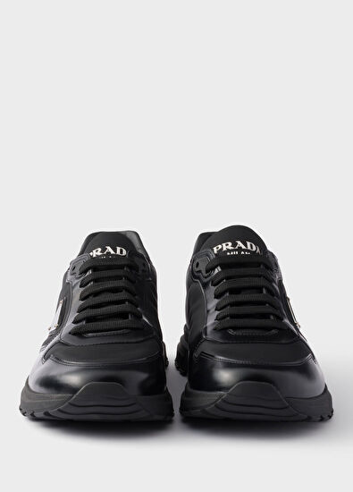 Prada Prax Black Brushed Leather and Re-Nylon Men's Sneakers - 5