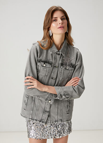 Beymen Club Grey Embroidered Logo Denim Jacket - 5