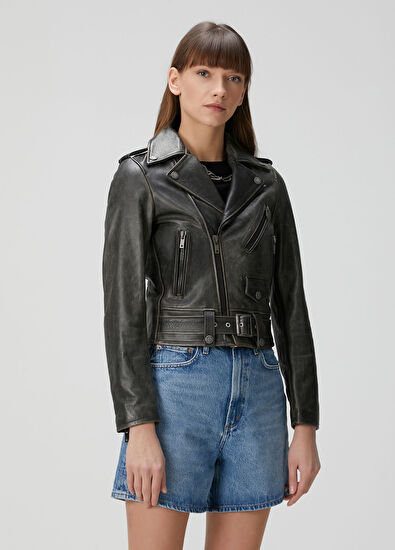 Golden Goose Slim Fit Siyah Deri Biker Ceket - 3