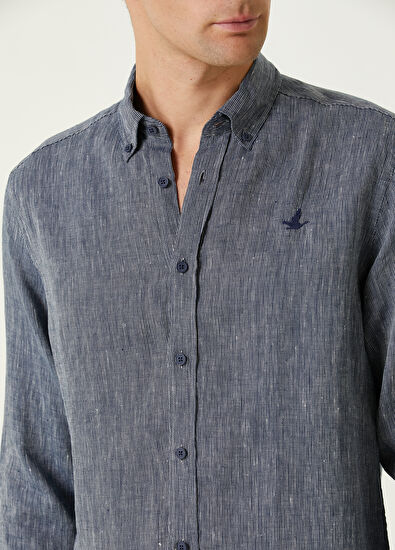 Beymen Club Comfort Fit Navy Blue White Linen Shirt - 4