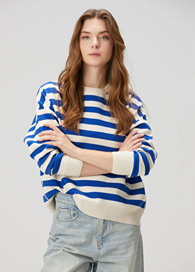 Beymen Club Mavi Ekru Çizgili Kazak - 5