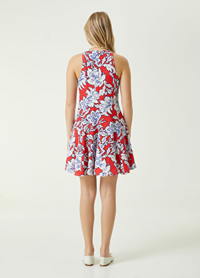 Beymen Club Kırmızı Çiçek Desenli Mini Keten Elbise - 6