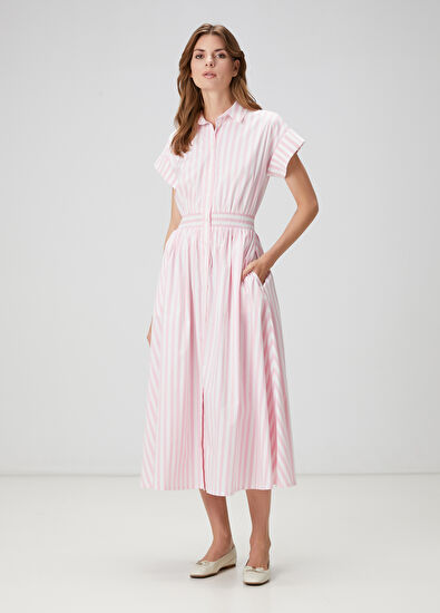 Beymen Club Pembe Beyaz Çizgili Midi Gömlek Elbise - 3
