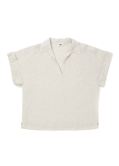 Beymen Club Bej Polo Yaka Logolu Keten Bluz - 7